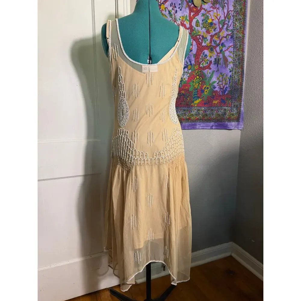 Together Beaded Midi Dress Nude Art Deco Gatsby 1920s Style Mesh Formal - Size 8